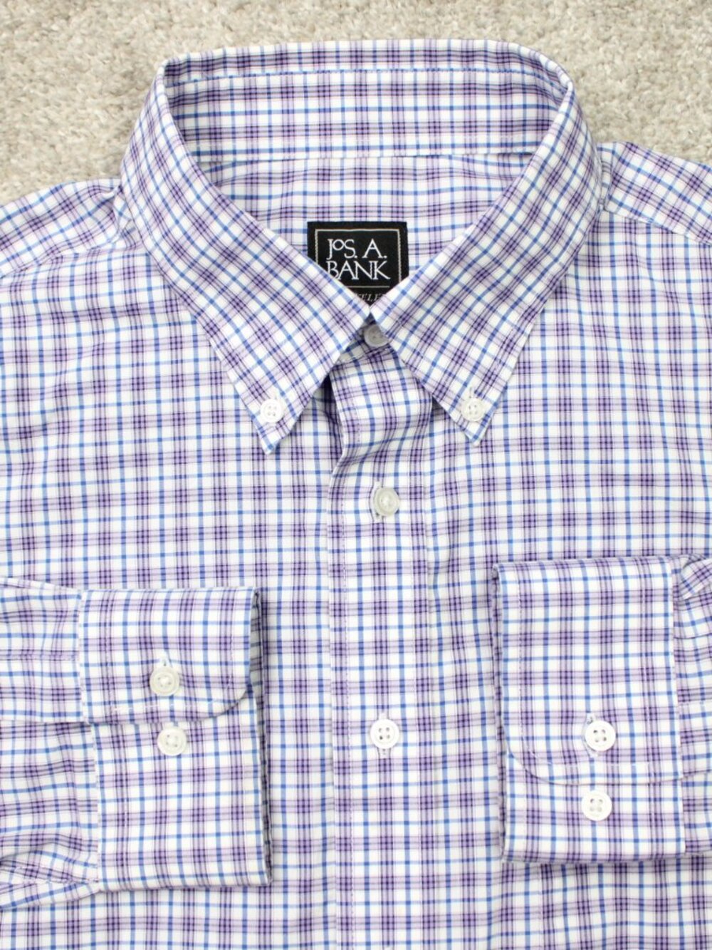 Jos A. Bank Shirt Men Large Purple Check Traditional Fit 100% Cotton Long Sleeve